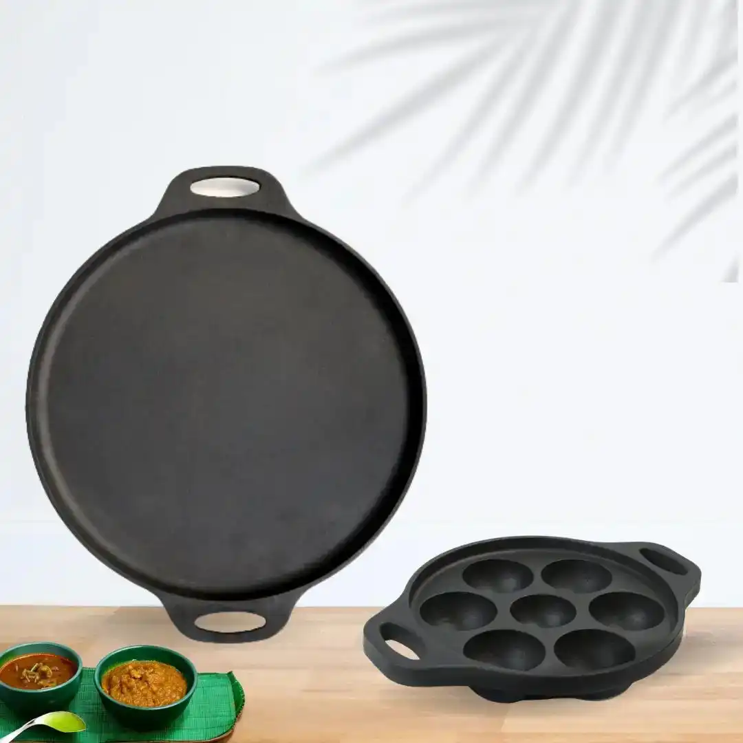 Black Cast Iron Paniyaram Pan 7 Pit, Round